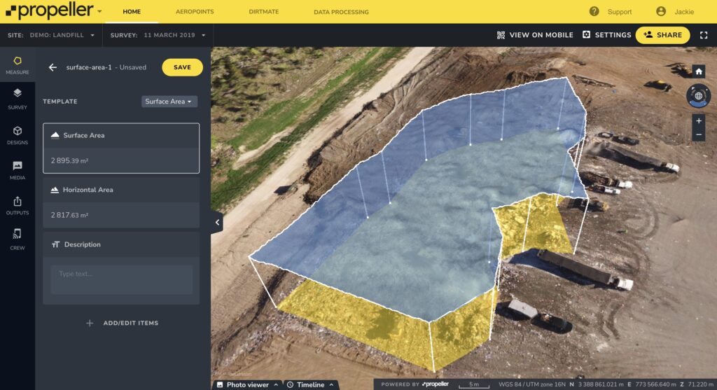 Surface area calculation in landfill cell